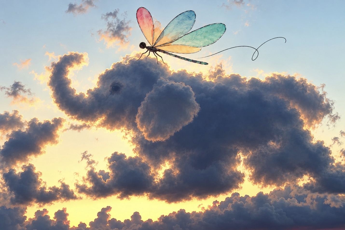 Un elefantino formato dalle nuvole al tramonto con una libellula ad acquerello